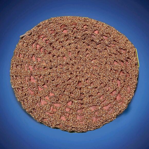 Handmade Handbags - 6 in round metallic gold crochet coin purse or clutch with a rose fabric lining